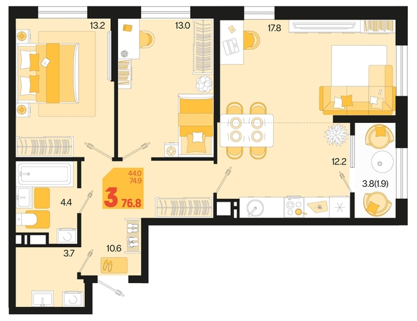 
   Продам 3-комнатную, 76.8 м², Первое место, квартал 1.6, литер 2

. Фото 6.