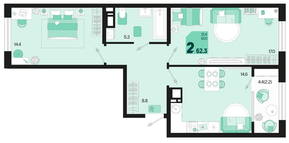 
   Продам 2-комнатную, 62.3 м², Первое место, квартал 1.1, литер 2

. Фото 12.