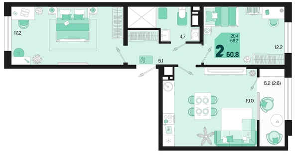 
   Продам 2-комнатную, 60.8 м², Первое место, квартал 1.1, литер 2

. Фото 12.