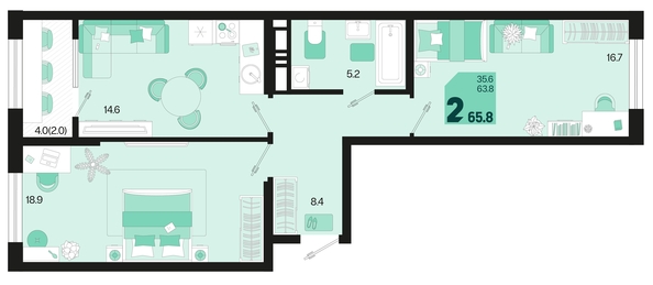 
   Продам 2-комнатную, 65.8 м², Первое место, квартал 1.3, литер 1

. Фото 6.