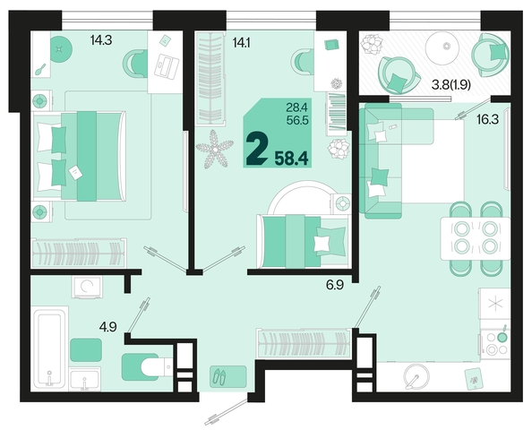 
   Продам 2-комнатную, 58.4 м², Первое место, квартал 1.3, литер 2

. Фото 6.