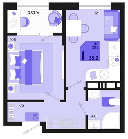 
   Продам 1-комнатную, 35.2 м², Первое место, квартал 1.2, литер 2

. Фото 6.