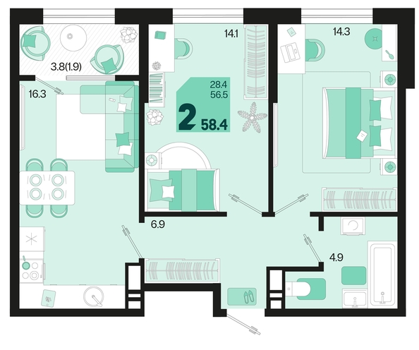 
   Продам 2-комнатную, 58.4 м², Первое место, квартал 1.2, литер 2

. Фото 6.