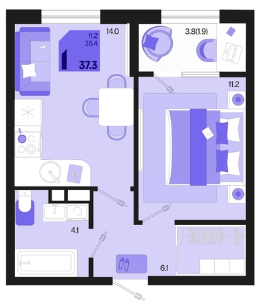 
   Продам 1-комнатную, 37.3 м², Первое место, квартал 1.4, литер 2

. Фото 6.