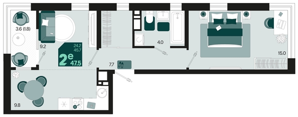 
   Продам 2-комнатную, 47.5 м², Первое место, квартал 1.4, литер 2

. Фото 6.