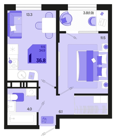 
   Продам 1-комнатную, 36.8 м², Первое место, квартал 1.5, литер 1

. Фото 6.