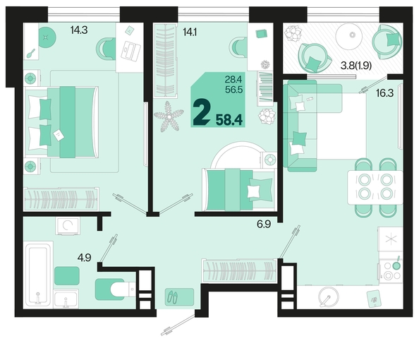 
   Продам 2-комнатную, 58.4 м², Первое место, квартал 1.10 литер 1

. Фото 6.