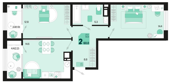 
   Продам 2-комнатную, 60 м², Первое место, квартал 1.1, литер 2

. Фото 6.