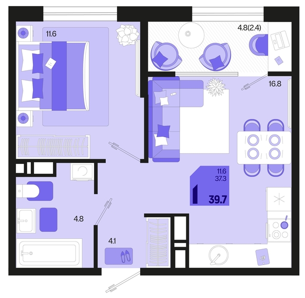 
   Продам 1-комнатную, 39.7 м², Первое место, квартал 1.1, литер 2

. Фото 6.