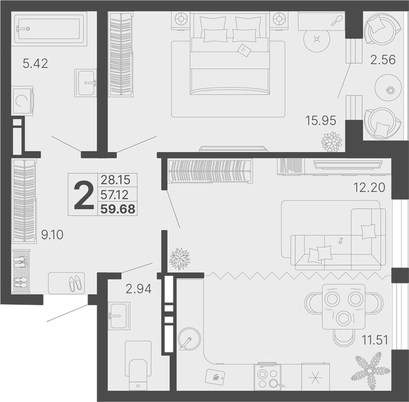 
   Продам 2-комнатную, 58.4 м², Краснодонская ул, 46/1

. Фото 2.