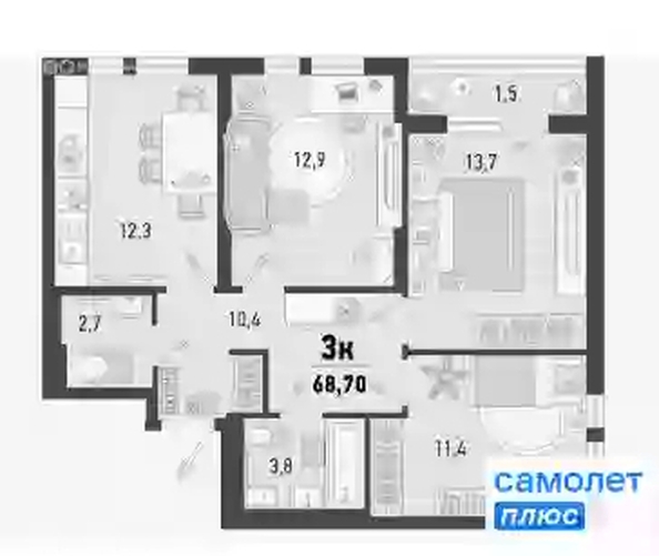 
   Продам 3-комнатную, 68.7 м², Барса, 1В литер

. Фото 11.