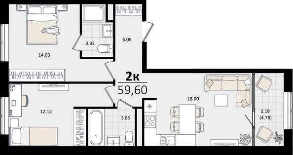 
   Продам 2-комнатную, 59.81 м², Патрики, литер 5.1

. Фото 4.