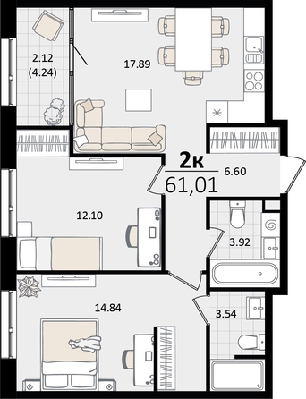 
   Продам 2-комнатную, 61.01 м², Патрики, литер 5.1

. Фото 4.