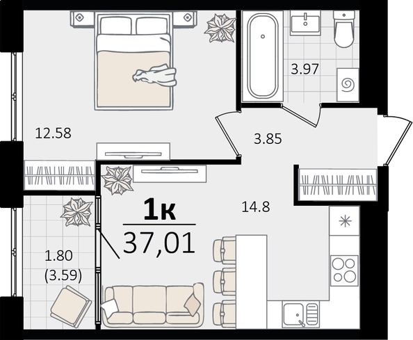 
   Продам 1-комнатную, 37.01 м², Патрики, литер 4.1

. Фото 4.