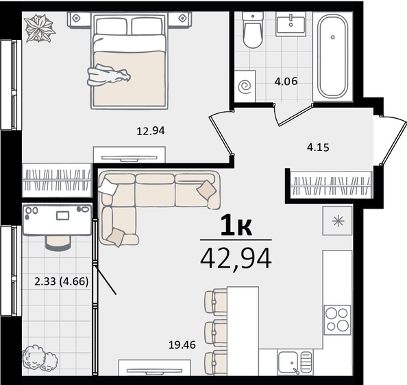 
   Продам 1-комнатную, 42.94 м², Патрики, литер 5.1

. Фото 4.