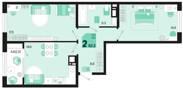 
   Продам 2-комнатную, 62.3 м², Первое место, квартал 1.10 литер 1

. Фото 6.