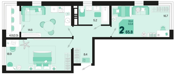 
   Продам 2-комнатную, 65.8 м², Первое место, квартал 1.10 литер 1

. Фото 6.