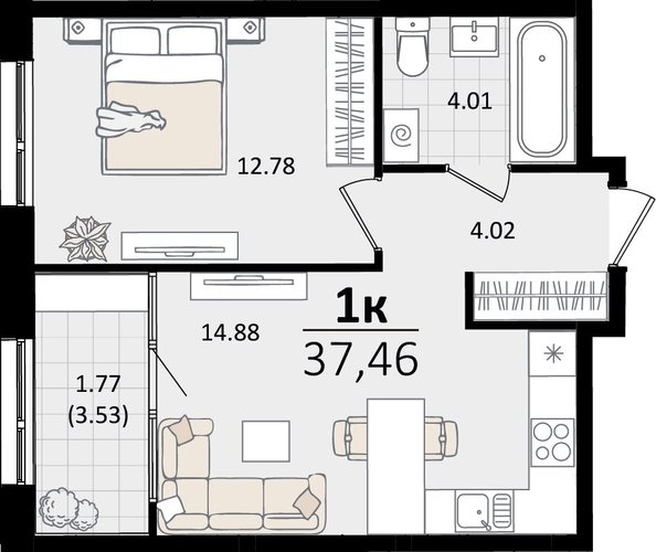 
   Продам 1-комнатную, 37.46 м², Патрики, литер 2

. Фото 4.