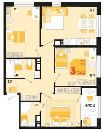 
   Продам 3-комнатную, 74.6 м², Первое место, квартал 1.2, литер 1

. Фото 6.