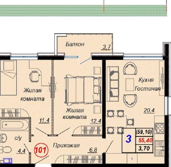 
   Продам 3-комнатную, 59.1 м², Российская ул, уч12

. Фото 3.