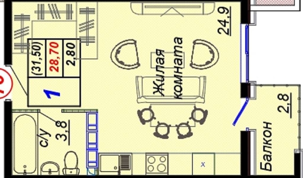 
   Продам 1-комнатную, 31.6 м², Российская ул, уч12

. Фото 4.