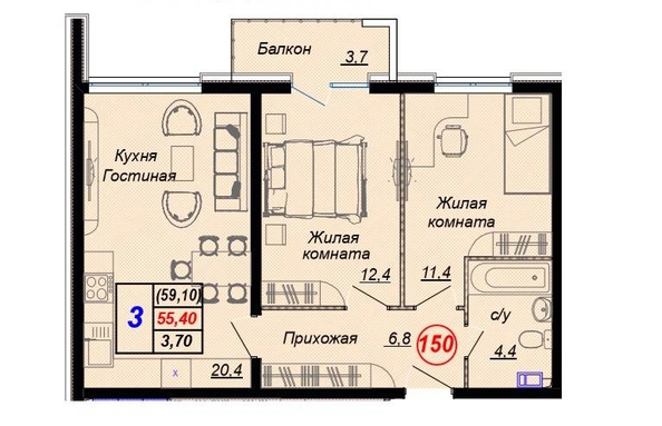 
   Продам 3-комнатную, 60 м², Российская ул, уч12

. Фото 4.