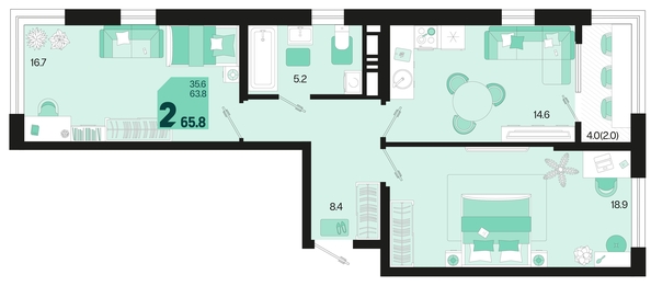 
   Продам 2-комнатную, 65.8 м², Первое место, квартал 1.1, литер 2

. Фото 6.