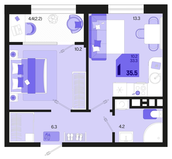 
   Продам 1-комнатную, 35.5 м², Первое место, квартал 1.3, литер 2

. Фото 6.