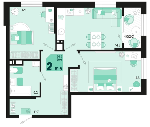 
   Продам 2-комнатную, 61.6 м², Первое место, квартал 1.6, литер 2

. Фото 6.