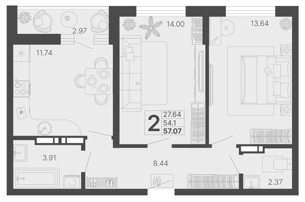 
   Продам 2-комнатную, 55.59 м², Светский лес, литер 4

. Фото 6.