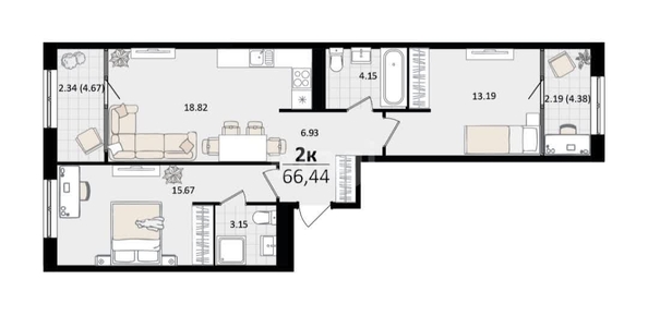 
   Продам 2-комнатную, 66.4 м², Патрики, литер 4.1

. Фото 1.