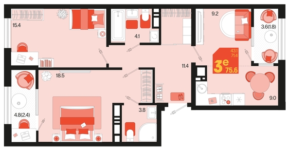 
   Продам 3-комнатную, 75.6 м², Первое место, квартал 1.4, литер 2

. Фото 6.