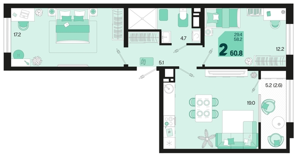 
   Продам 2-комнатную, 60.8 м², Первое место, квартал 1.4, литер 2

. Фото 11.