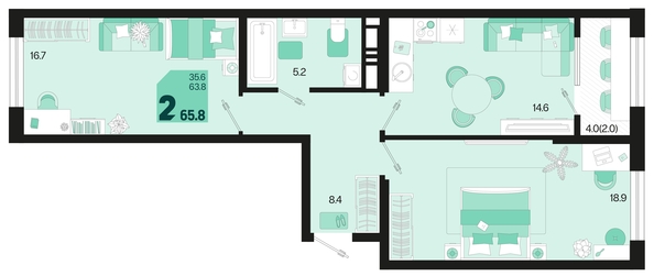 
   Продам 2-комнатную, 65.8 м², Первое место, квартал 1.4, литер 2

. Фото 6.