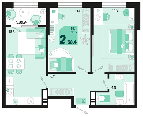 
   Продам 2-комнатную, 58.4 м², Первое место, квартал 1.4, литер 2

. Фото 6.