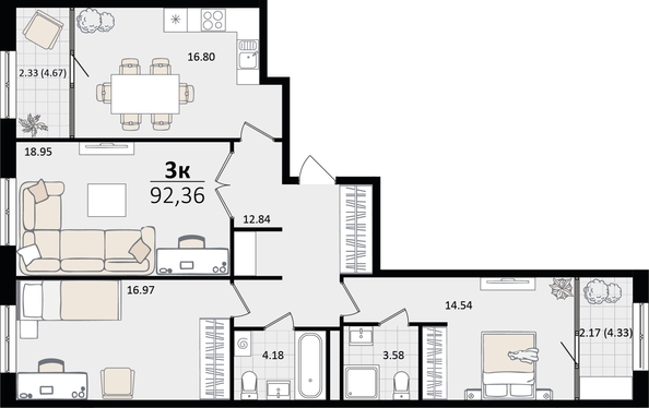 
   Продам 3-комнатную, 92.36 м², Патрики, литер 5.1

. Фото 4.