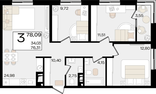 
   Продам 3-комнатную, 78.09 м², Патрики, литер 1.1

. Фото 4.