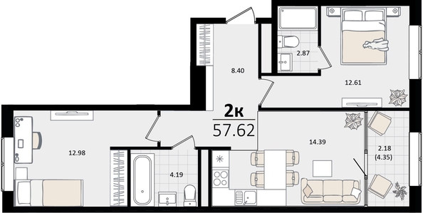 
   Продам 2-комнатную, 57.62 м², Патрики, литер 2

. Фото 4.