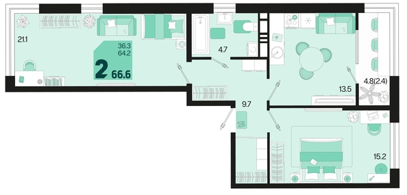 
   Продам 2-комнатную, 66.6 м², Первое место, квартал 1.10 литер 1

. Фото 6.