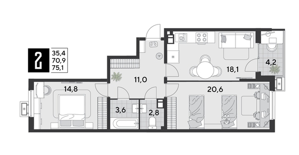 
  Продается 2-комн. квартира, 75.1 м², ЖК Парк Победы 2, литера 21
. Фото 1.