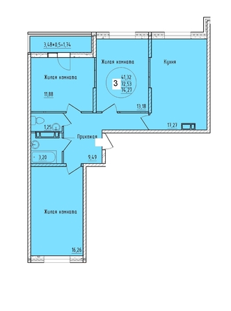 
  Продается 3-комн. квартира, 74.27 м², ЖК Друг, литера 2
. Фото 1.