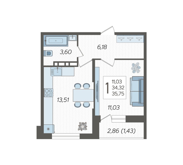 
  Продается 1-комн. квартира 35.75 м², в ЖК Смородина, литера 18. Фото 2.