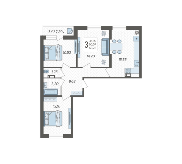 
  Продается 3-комн. квартира 68.22 м², в ЖК Смородина, литера 17. Фото 2.