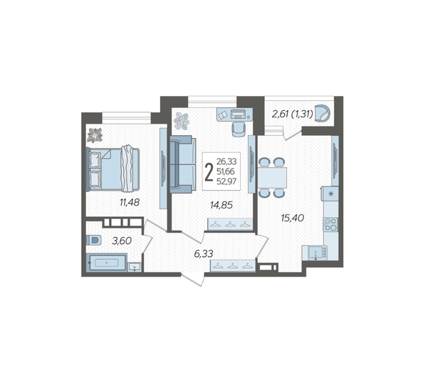 
  Продается 2-комн. квартира, 52.97 м², ЖК Смородина, литера 18
. Фото 2.