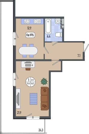 
  Продается 1-комн. квартира 53.59 м². Фото 2.