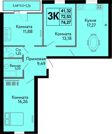 
  Продается 3-комн. квартира 74.27 м², в ЖК Друг, литера 7. Фото 1.