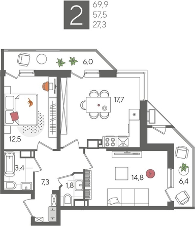 
  Продается 2-комн. квартира, 69.9 м², ЖК Рекорд 2, литера 5
. Фото 1.