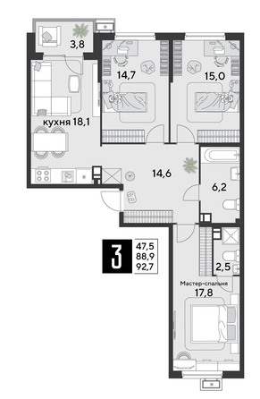 
  Продается 3-комн. квартира, 92.7 м², ЖК Парк Победы 2, литера 20
. Фото 1.
