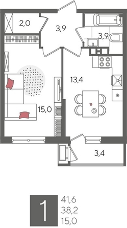 
  Продается 1-комн. квартира, 41.6 м², ЖК Рекорд 2, литера 1
. Фото 1.