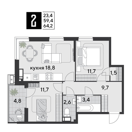 
  Продается 2-комн. квартира, 64.2 м², ЖК Парк Победы 2, литера 21
. Фото 1.